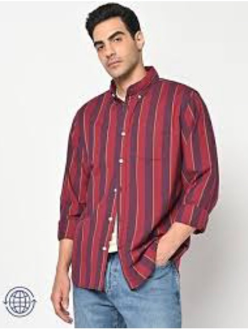 GAP Men's Red and Navy Vertical Stripe Button-Down Shirt